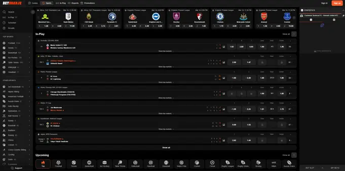 Interface van het Betoranje live sportwedden platform
